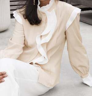 The Fold London 100% Silk Ruffle Blouse Tan White Pleated Long Sleeve US 12